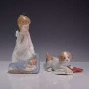 2pc Lladro and NAO Porcelain Figurines, Angel with Child and Puppy with Stocking