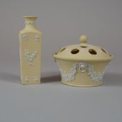 2pc Wedgwood Primrose Yellow Jasperware Prunus Vase and Potpourri Bowl