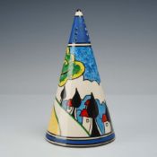 Wedgwood Bizarre by Clarice Cliff Hand-Painted Conical Sugar Shaker, Roadside Town Pattern