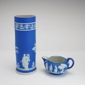 2pc Wedgwood Cobalt Blue Jasperware Cylinder Vase and Creamer
