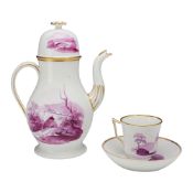 Three-Piece Wedgwood Porcelain Set with Puce Landscapes- Teapot, Demitasse Cup and Saucer