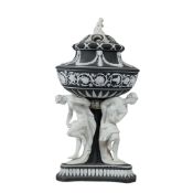 2pc Wedgwood Black Jasperware Potpourri Urn on a Figurative Atlantes Pedestal Stand