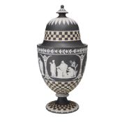 Wedgwood Tri-Color Black Basalt Jasperware Dice Pattern Lidded Urn