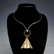 Steuben 18K Gold and Engraved Crystal Triangular Moth Pendant Necklace with Box