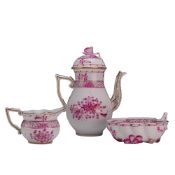 3pc Herend Porcelain Chinese Bouquet Raspberry Pattern Teapot, Sugar Jar, and Creamer