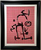 Joan Miro (Spanish 1893-1983) Color Lithograph on red and white cloth on Mandeure Chiffon mounted on