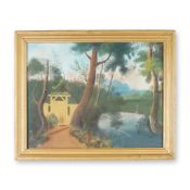 Vintage Pastel Landscape, Girl at Pond with Basket