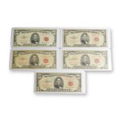 Five 1953 and 1963 US Five Dollars Red Seal Notes