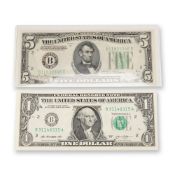 2pc 1934D, 2013 U.S. Federal Reserve One & Five Dollars Note