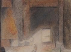 Rafael Aleph Mixed Media on Paper Drawing, Two Figures in a Temple