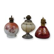 3pc Antique Miniature Glass Oil Lamps Including Cranberry and Milk Glass