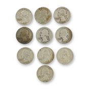 10pc Collection of US Silver Washington Quarters,1934-1963