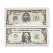 2pc 1934D, 2013 U.S. Federal Reserve One & Five Dollars Note