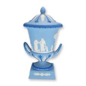 Wedgwood Light Blue Jasperware Campagna Pedestal Urn and Cover