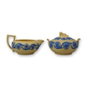 2pc Wedgwood Blue Relief Cane Stoneware Creamer and Covered Sugar Bowl