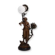 Figural Bronze-Tone Table Lamp with Floral Sockets on Marble Base