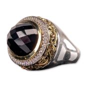 14K/16K Gold, Sterling Silver, Onyx and Diamond Two-Tone Ring
