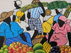 Paulin Henri Montique (Haitian, 20th-21st Century) Acrylic on Canvas, Market Scene, Signed