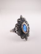 European Silver Blue Stone and Marcasite Ring