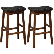 PAIR OF WOODEN BLACK FAUX LEATHER WOVEN BAR STOOLS