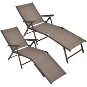 PAIR OF BROWN ADJUSTABLE SUN LOUNGERS