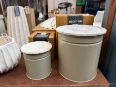 2X GARDEN TRADING BROMPTON COLLECTION CANISTER & BISCUIT TIN W/ MARBLE TOPS - CLAY