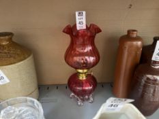 VINTAGE CRANBERRY RED GLASS OIL LAMP W/ RUFFLED SHADE