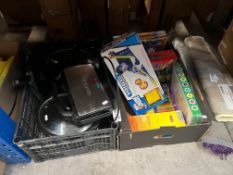 CRATE OF ASSORTED ELECTRICAL GOODS & BOX OF KIDS ITEMS