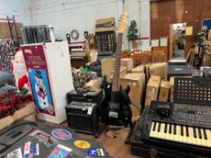 ENCORE BLACK ELECTRIC GUITAR ON STAND W/ 2X ASSORTED AMPLIFIERS