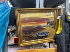 GILT FRAMED BOAT ON BEACH PAINTING