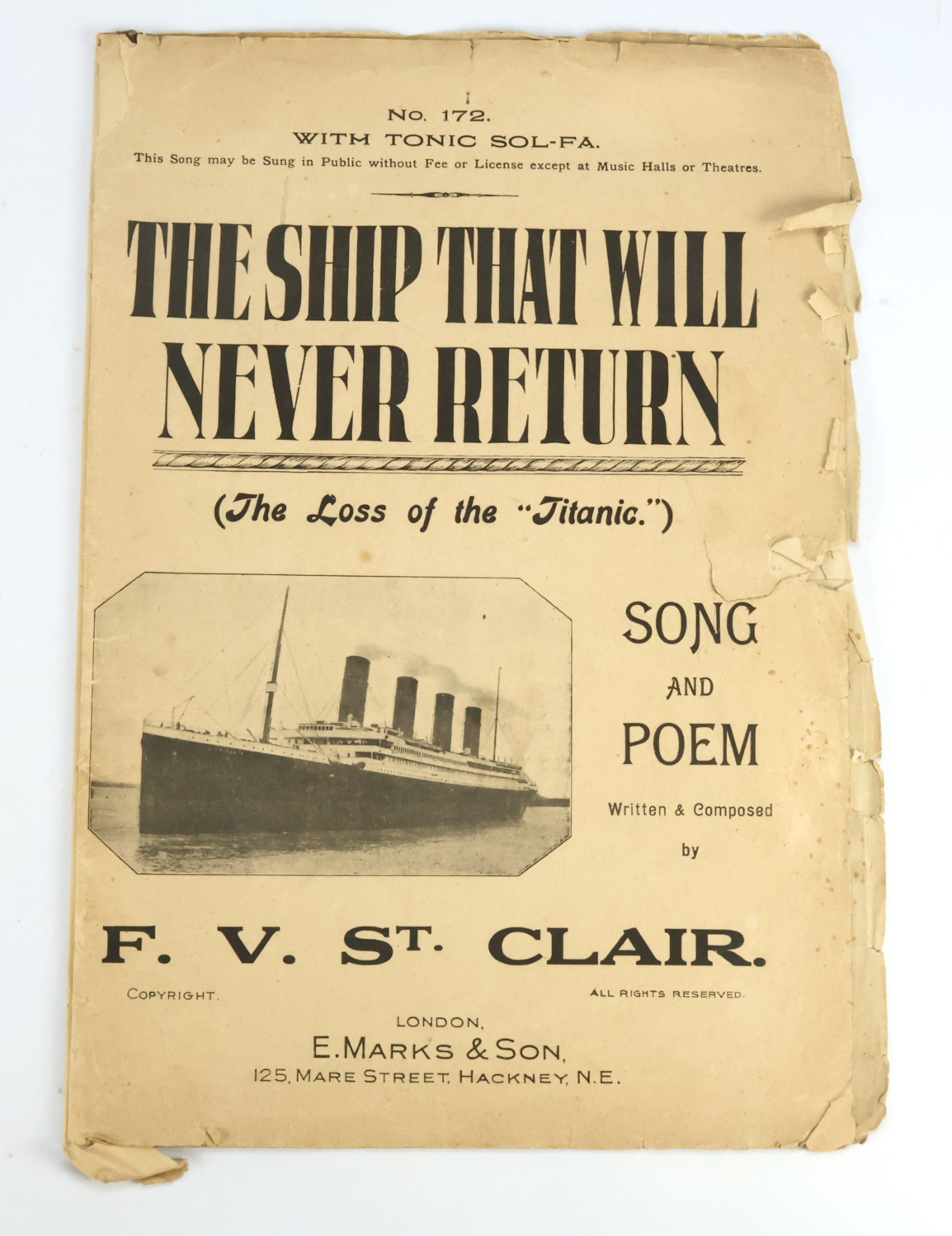 Titanic interest. "The ship that will never return" (The loss of the Titanic) paper sheets song &