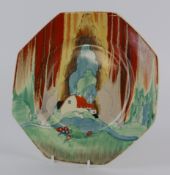 Clarice Cliff, Forest Glen Octagonal Plate. 1930's hand-painted scene depicting a stylised red