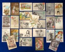 Postcards, 24 French 1st April cards, most featuring fish inc. 2 anthropomorphic (gen gd)