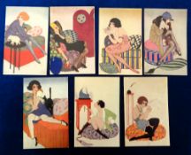 Postcards, Glamour, 7 cards by Lorenzi, 'Femmes Modernes' depicting ladies in louche poses (gd)