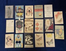 Postcards, 20+ novelty cards to include Primus Caricature, puzzles, 'Magic Photography', kiss cards,