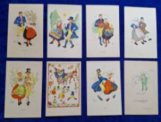Postcards, Greetings / Art Deco, 19 cards all signed by Aina Stenberg, 15 cards unused, 4 cards