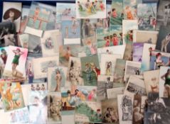 Postcards, Bathing, 65 cards, mostly printed and artist drawn showing bathing fun and bathing