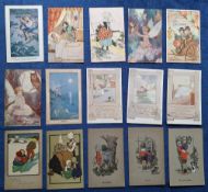 Postcards, Children, 75 x art drawn cards, many cards signed, artists noted include Helen Jacobs (