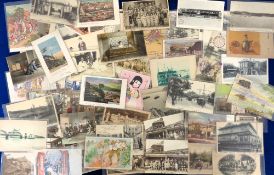 Postcards, Japan, approx. 125 mostly printed, some artist drawn, cards showing life in Japan to