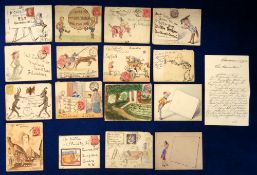 Ephemera, Pen and Ink Decorated Envelopes, 1880s to 1905. 17 examples featuring football players,