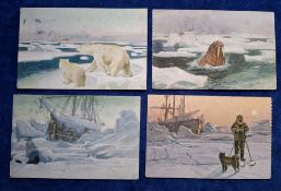 Postcards, Exploration, 4 Arctic View cards (illustrated) of icebound ship 'Fram', Polar Bears,