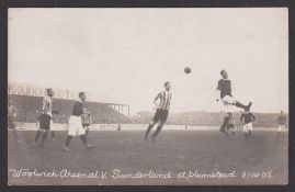 Football postcard, Woolwich Arsenal v Sunderland, black & white photographic card showing match