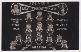 Football postcard, Arsenal FC, souvenir card from the English Cup Final, 1936 with player