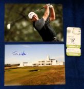 Golf autographs, three signed items, Tom Watson in blue ink on 12