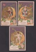 Trade cards, Liebig, Harlequin Costumes in Quarter Moon, Violet background, ref. S148B, three French