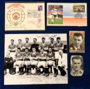 Football autographs, Manchester United, four signed items, a later reprints of a b/w team photo,