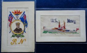 Postcards, Silks, 2 Naval embroidered silk cards inc. vertical naval card R.N with inset circular