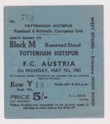 Football ticket & autographs, Tottenham Hotspur v F.C. Austria 7th May, 1951 (Festival of