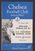 Football programme, FA Charity Shield, 1950, England World Cup XI v FA Canadian Touring Team, 20th