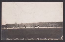 Football postcard, Woolwich Arsenal v Everton, black & white photographic card showing match